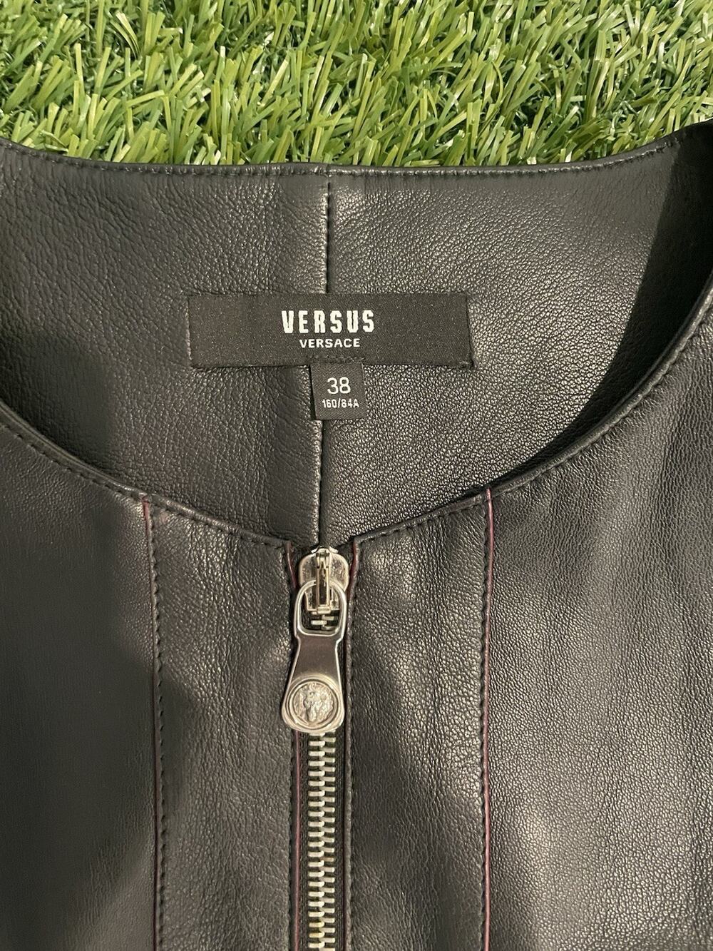 Versus Versace Black Leather Mini Dress Zip Front IT 38 US 2 Medusa Lion Pull